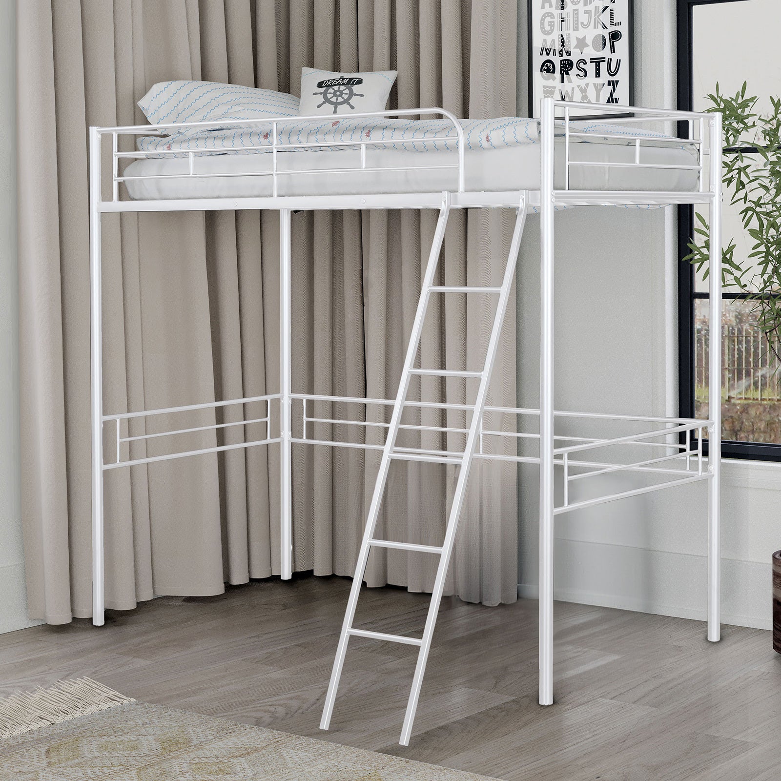 Contemporary White Metal Twin Loft Bed - Open Space Underneath