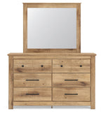 Light brown six-drawer dresser with mirror on top, black knobs and bar pulls