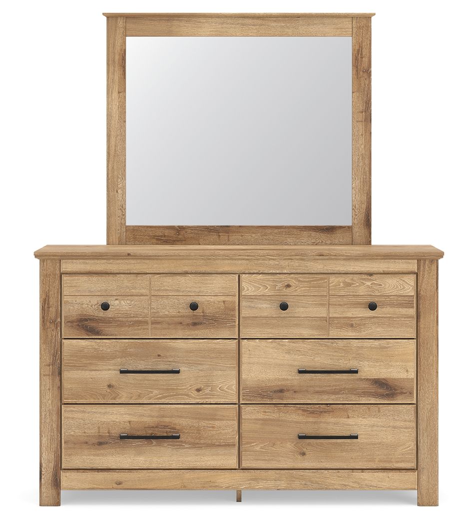 Light brown six-drawer dresser with mirror on top, black knobs and bar pulls