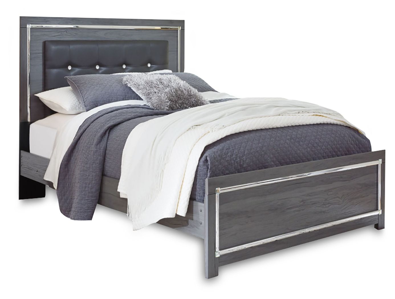 Gray upholstered panel bed with button-tufted headboard and drawer storage rail