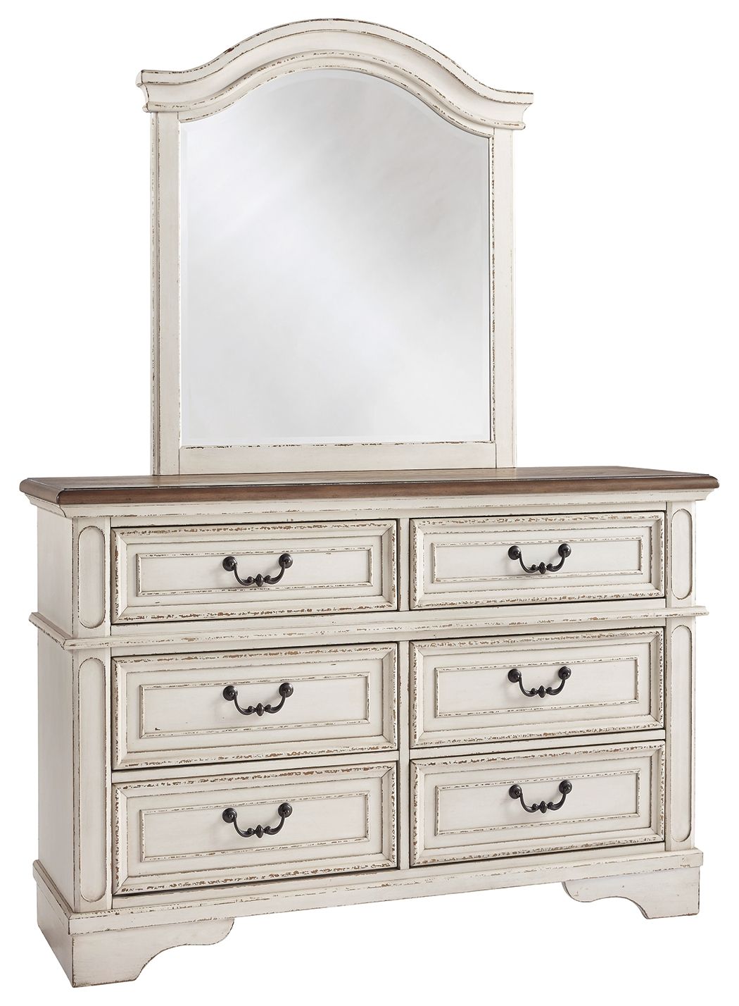 White dresser with mirror and six drawers, distressed finish with curved top and base.