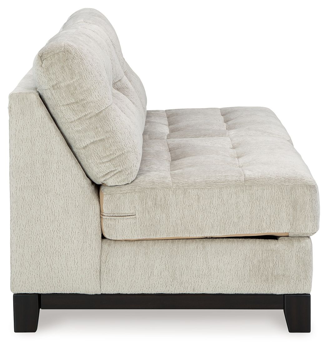Stone armless loveseat with thick padded armrest, tufted seat cushion, dark legs