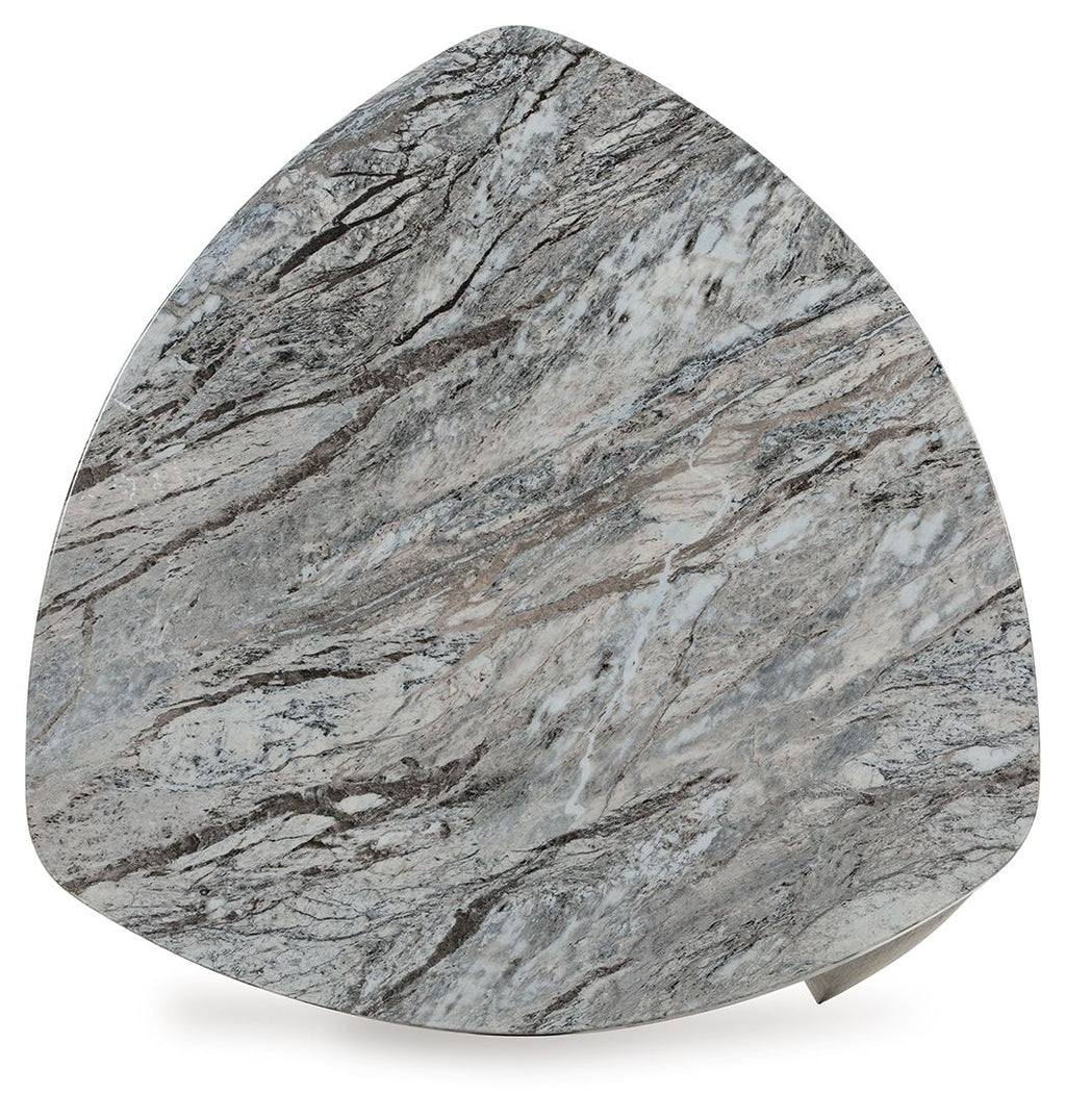 Gray marble-look triangular tabletop with beveled edge and dark base supports