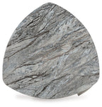 Gray marble-look triangular tabletop with beveled edge and dark base supports