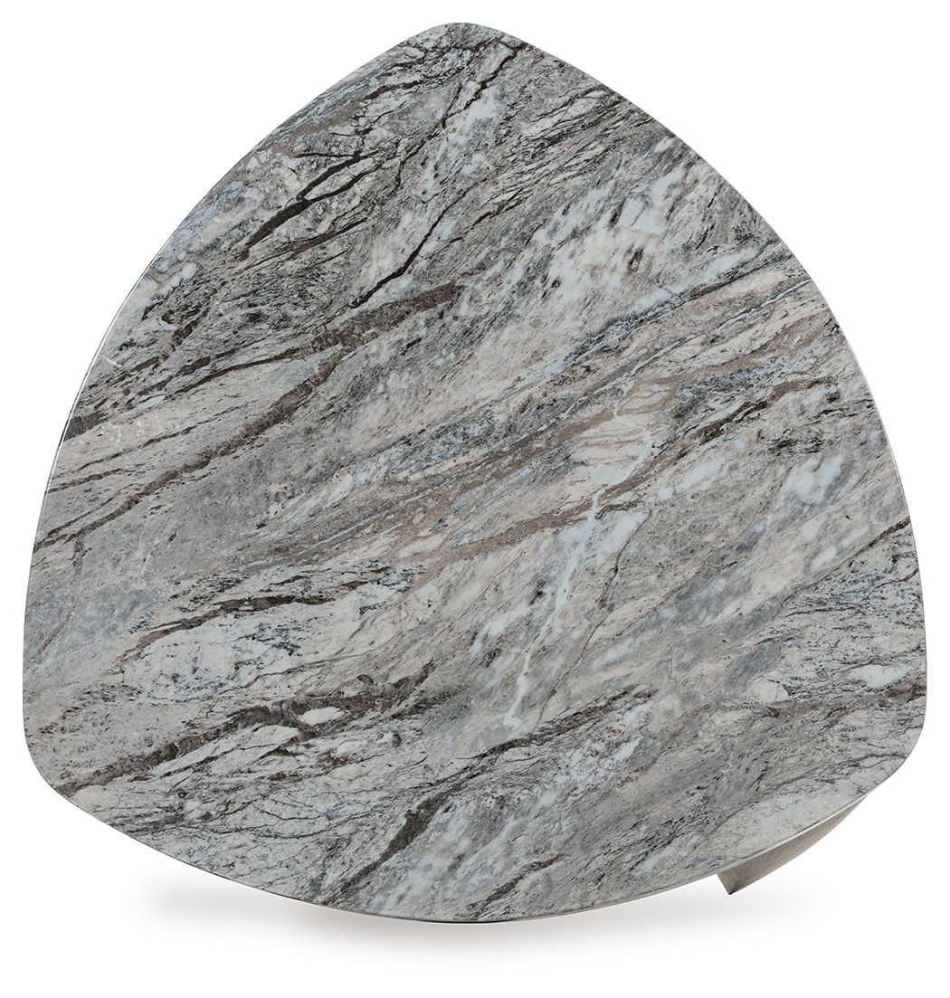 Gray marble-look triangular tabletop with beveled edge and dark base supports