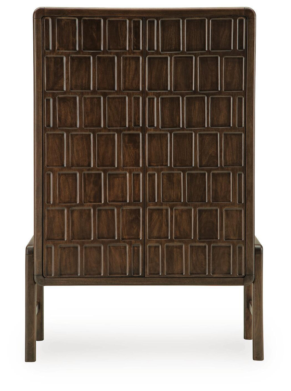 Brown accent cabinet front with grid paneled door and four sturdy side legs