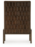 Brown accent cabinet front with grid paneled door and four sturdy side legs