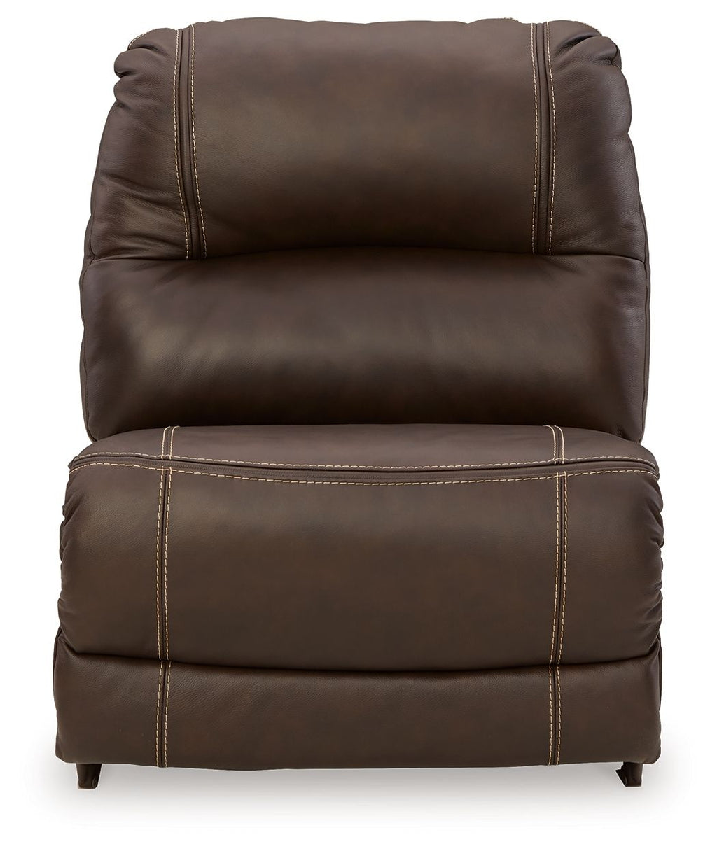Chocolate brown armless chair with channel-stitched seat and rounded arm-less sides