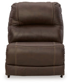 Chocolate brown armless chair with channel-stitched seat and rounded arm-less sides