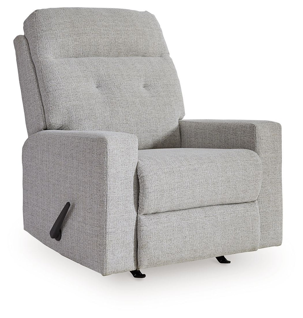 Stone gray fabric rocker recliner chair with padded arms and headrest