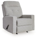 Stone gray fabric rocker recliner chair with padded arms and headrest
