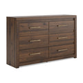 Light brown 6-drawer dresser with long bar pulls and plank-style wood grain finish.