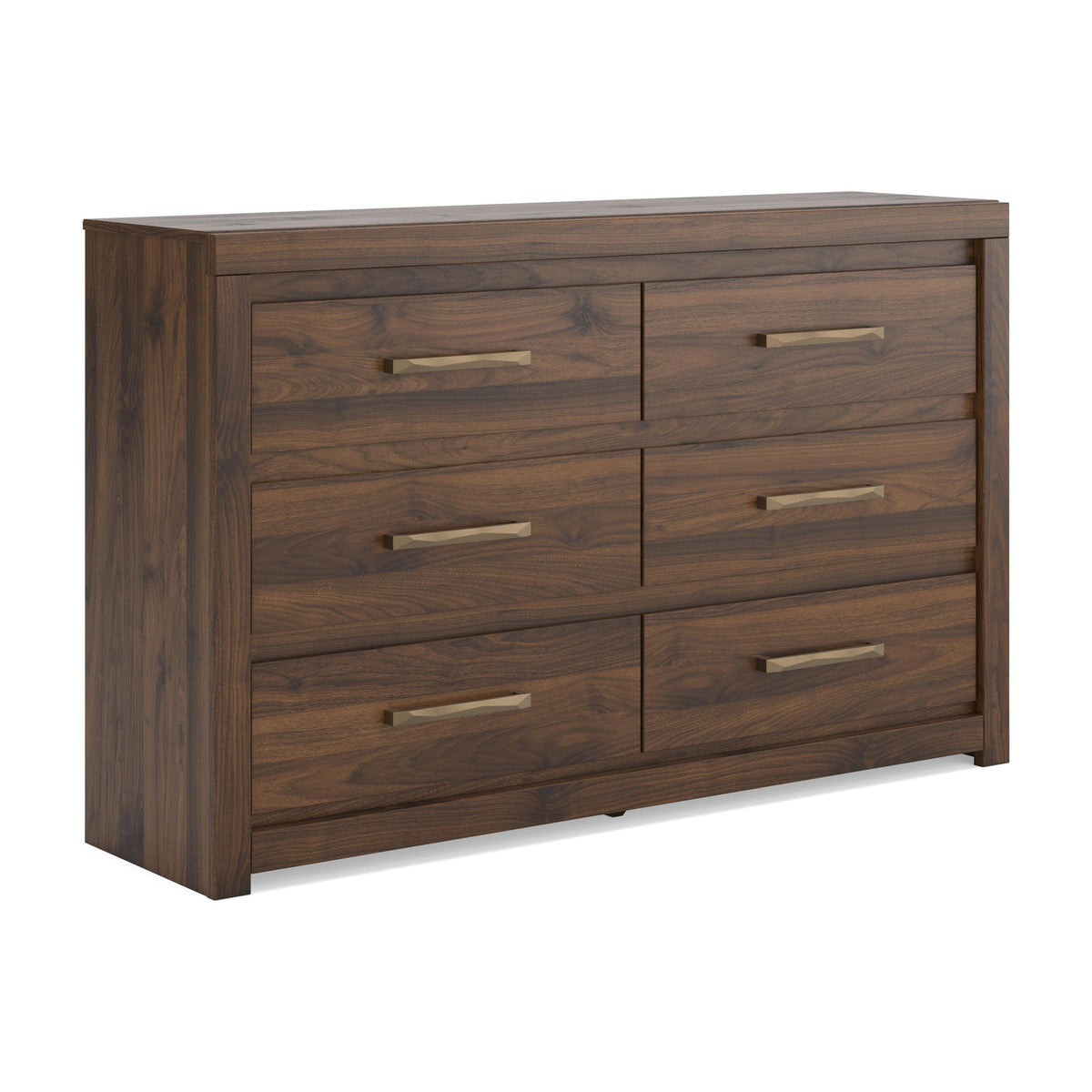 Light brown 6-drawer dresser with long bar pulls and plank-style wood grain finish.