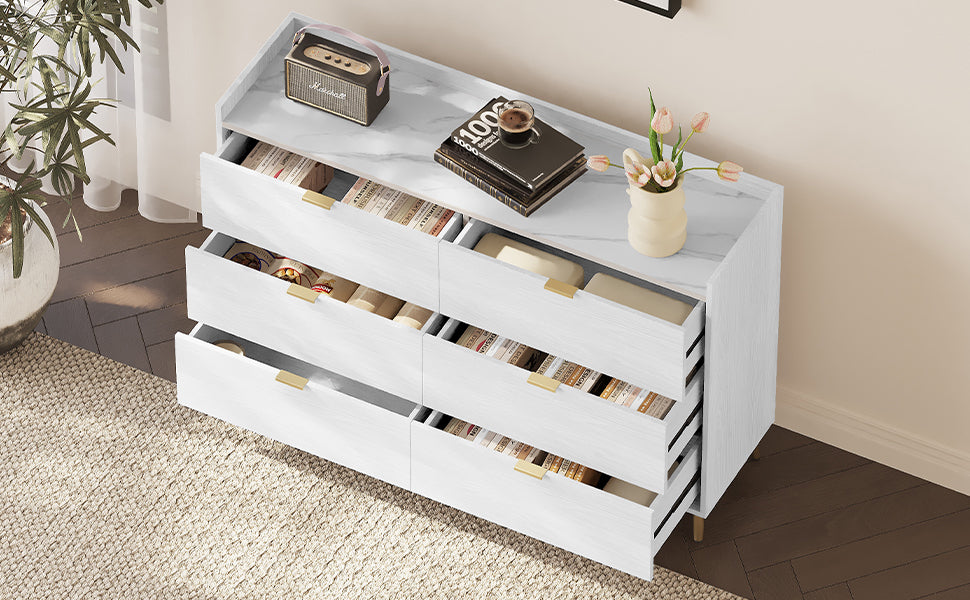 55" White Dresser with Marbling Top & Metal Legs