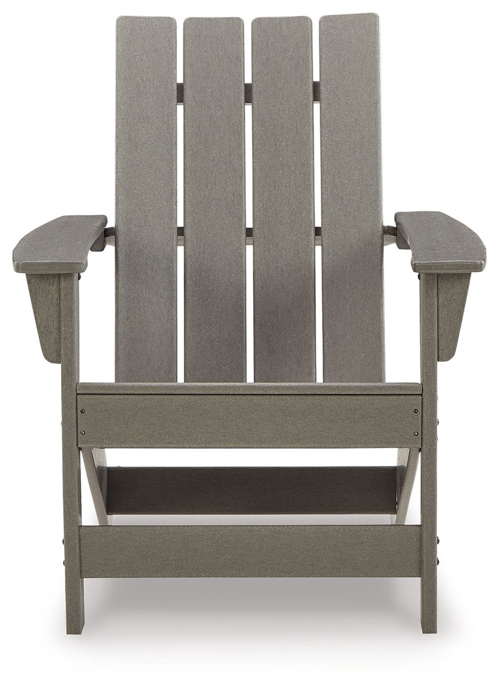 Gray Adirondack chair with slatted back and arm supports, front view