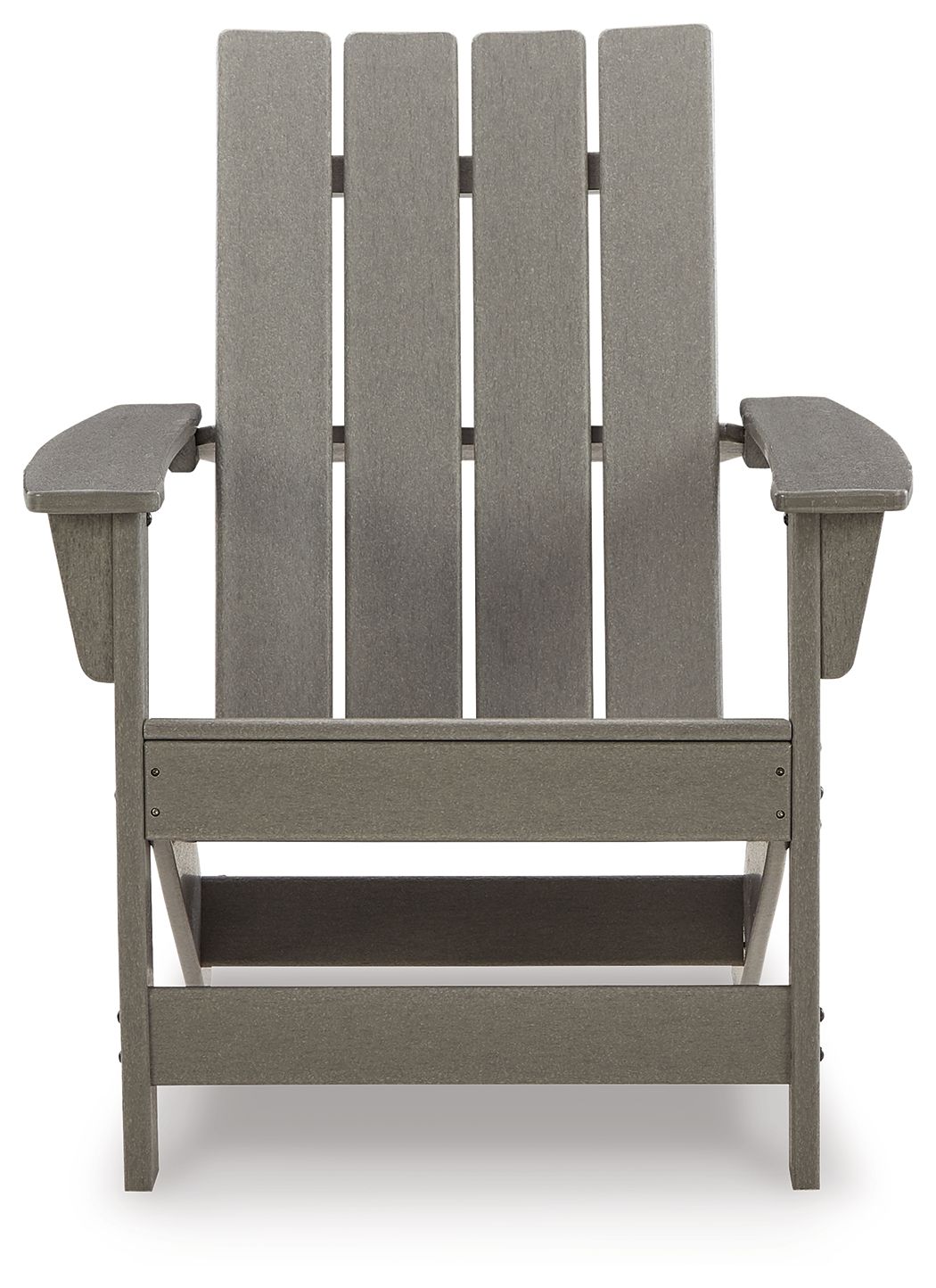 Gray Adirondack chair with slatted back and arm supports, front view