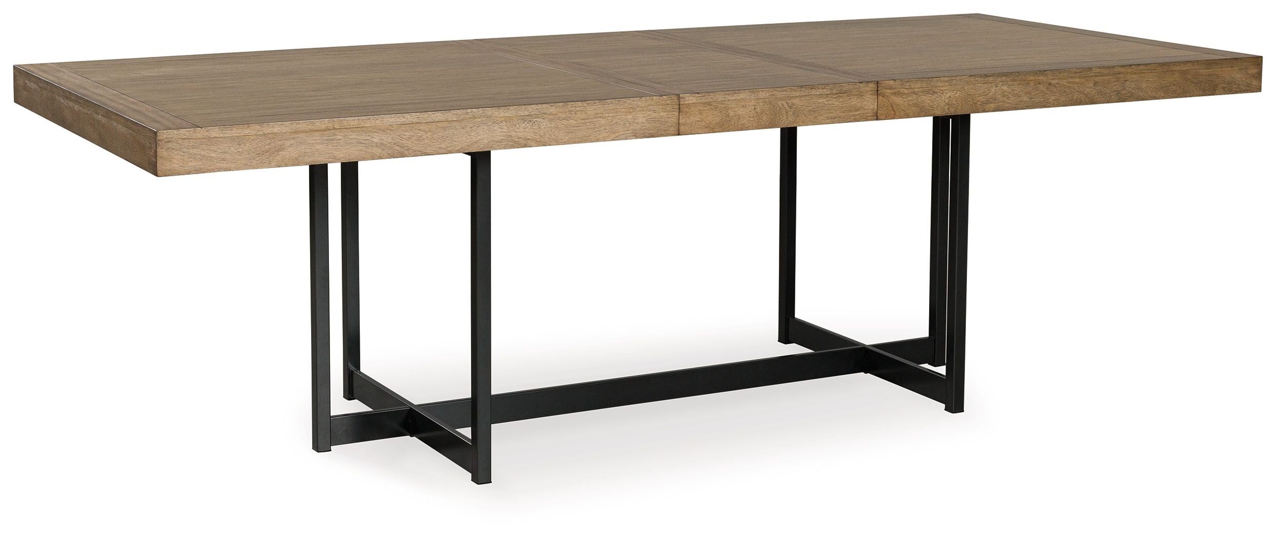 Rectangular light brown dining extension table with black metal base