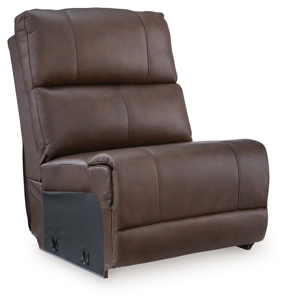 Espresso armless recliner chair with stitched cushions and padded backrest