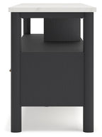 Dark TV stand side view with two legs and textured cabinet front