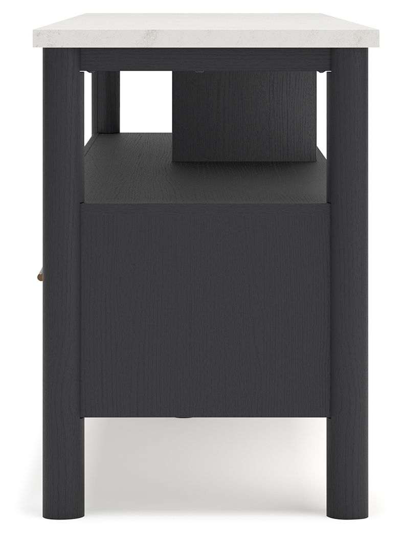 Dark TV stand side view with two legs and textured cabinet front