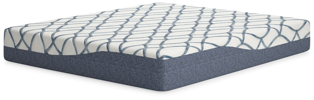 California king mattress, white top with blue oval grid and dark blue sides