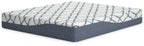 California king mattress, white top with blue oval grid and dark blue sides
