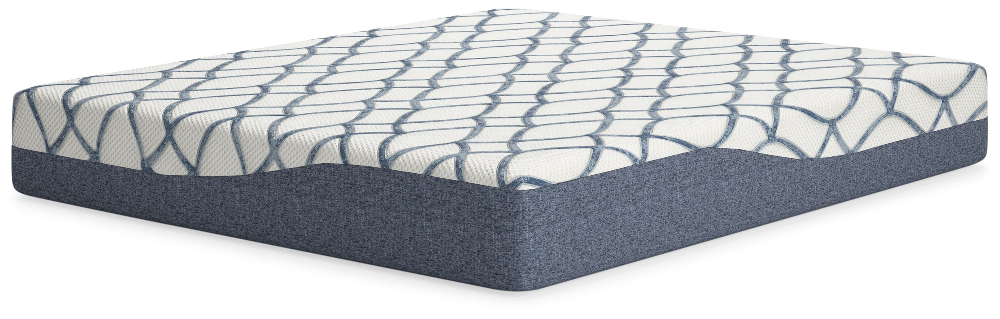California king mattress, white top with blue oval grid and dark blue sides