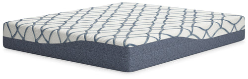California king mattress, white top with blue oval grid and dark blue sides