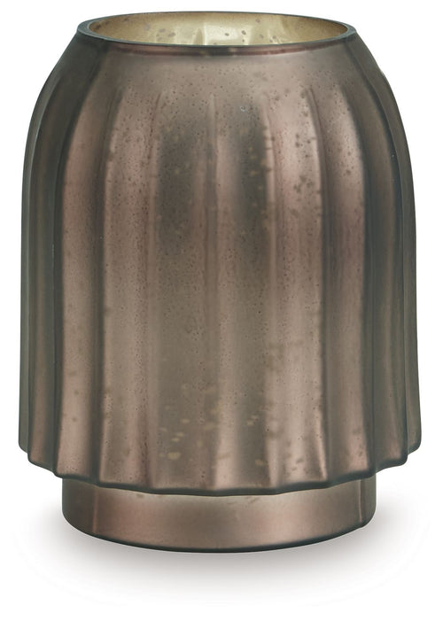 Metal vase, dark bronze, fluted sides, wide round opening and rounded base
