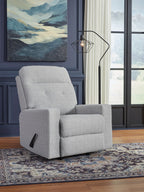 Stone gray fabric recliner chair with tall back and cushioned armrests