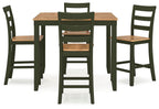 Dining room counter table set with wood tabletop and 4 ladder-back chairs, dark frame