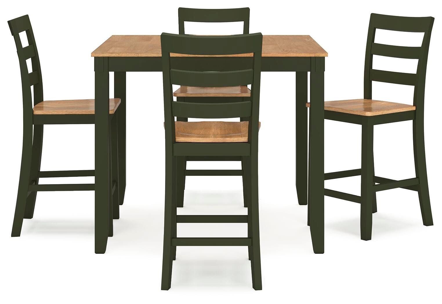 Dining room counter table set with wood tabletop and 4 ladder-back chairs, dark frame
