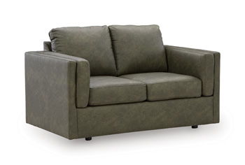 Upholstered loveseat with thick seat/back cushions and square arms, dark green fabric