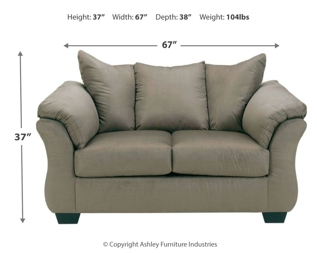 Darcy stationary loveseat in light gray with rolled arms and two seat cushions