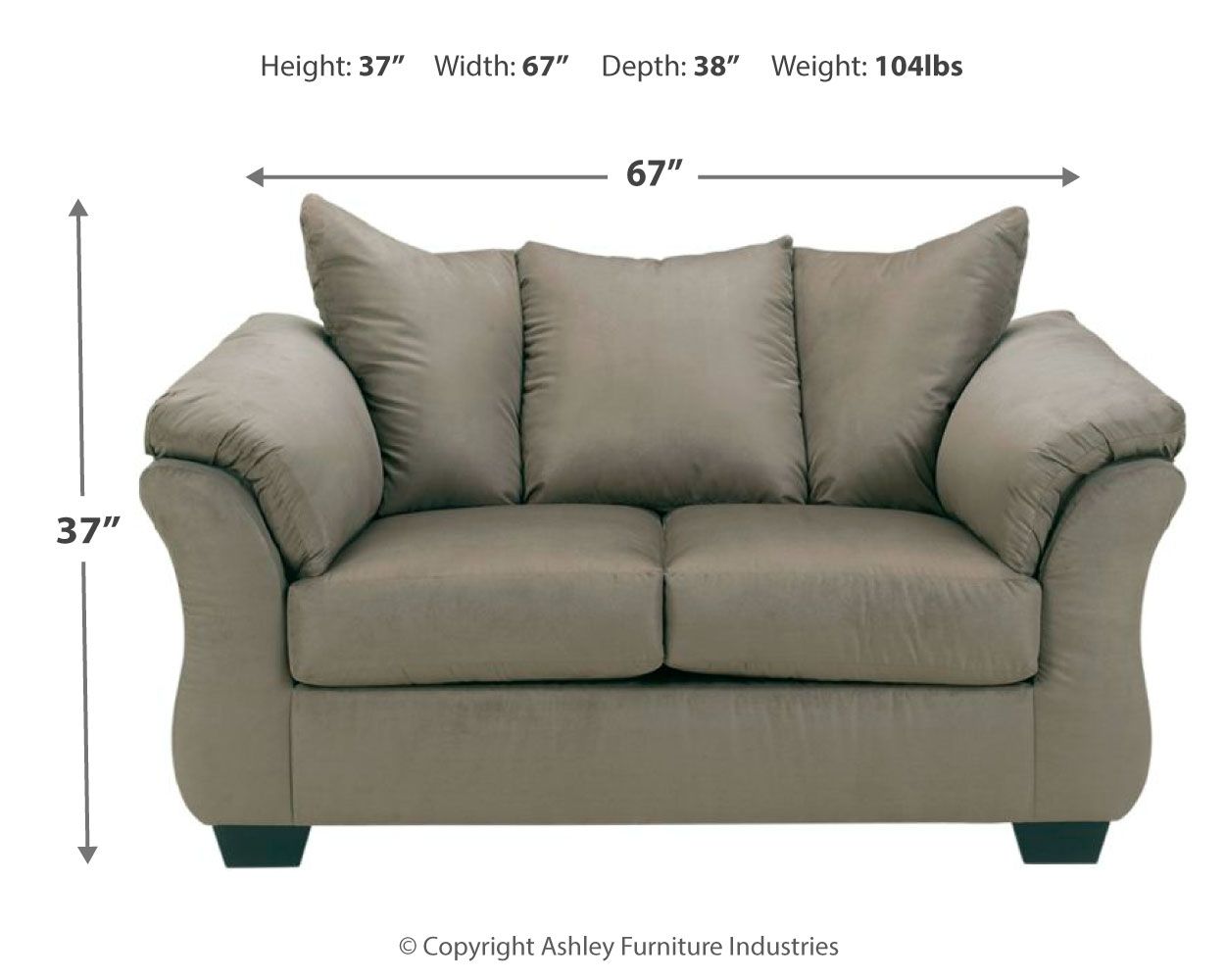 Darcy stationary loveseat in light gray with rolled arms and two seat cushions