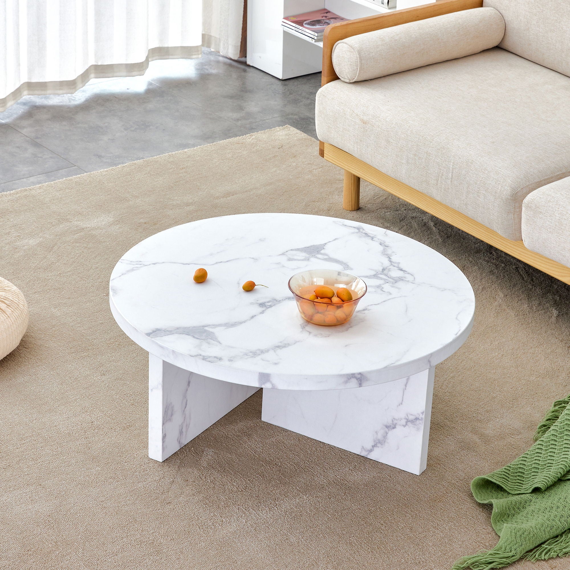 A White MDF Material Circular Patterned Coffee Table, White Center Table, Modern Coffee Table, Suitable For Small Spaces And Living Rooms