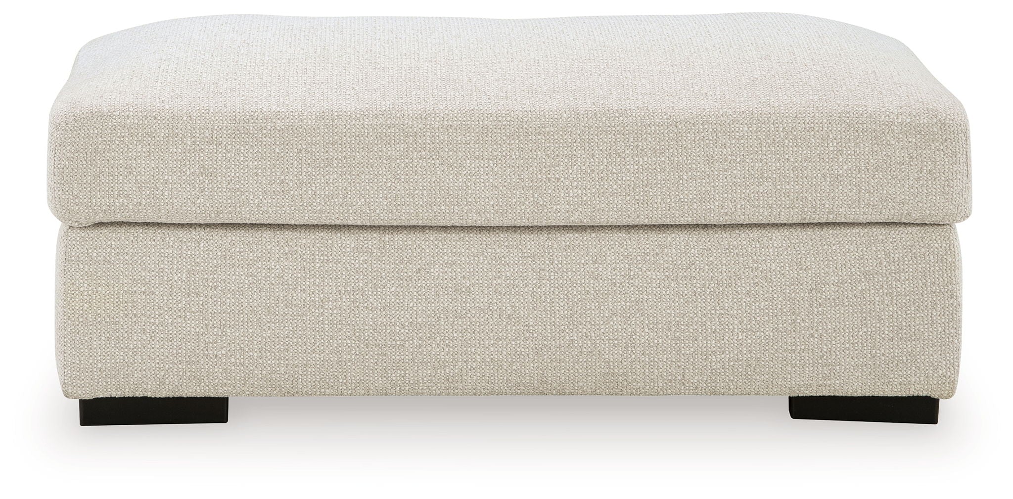 Square light beige linen ottoman with rounded top and dark legs