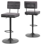 Pair of dark gray tall swivel barstools with upholstered seats and footrests.