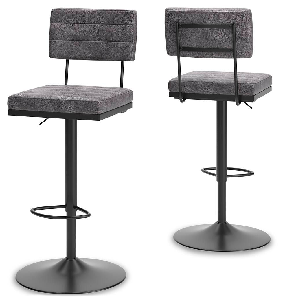 Pair of dark gray tall swivel barstools with upholstered seats and footrests.