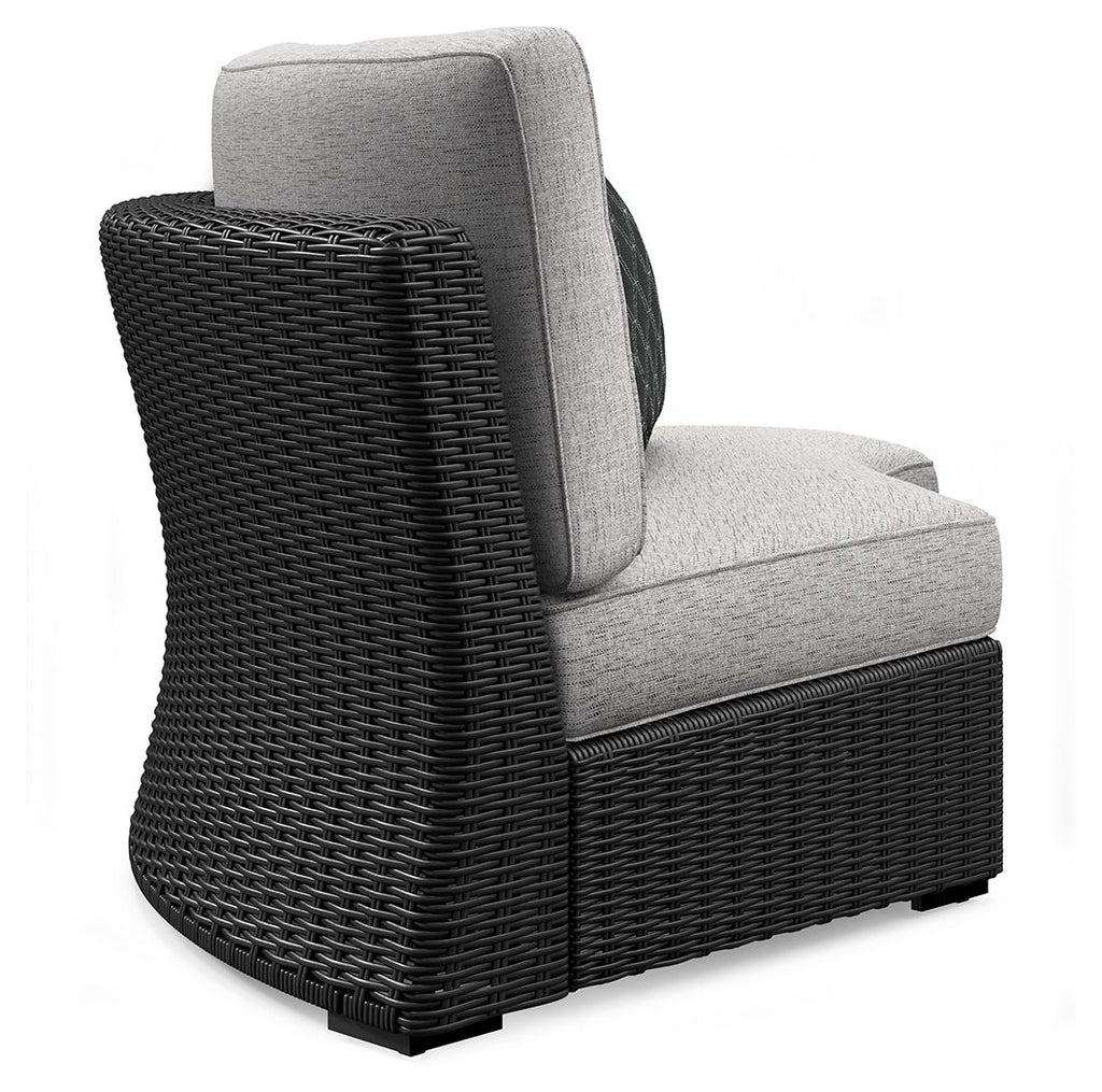 Black woven armchair with light gray seat cushion and tall curved backrest