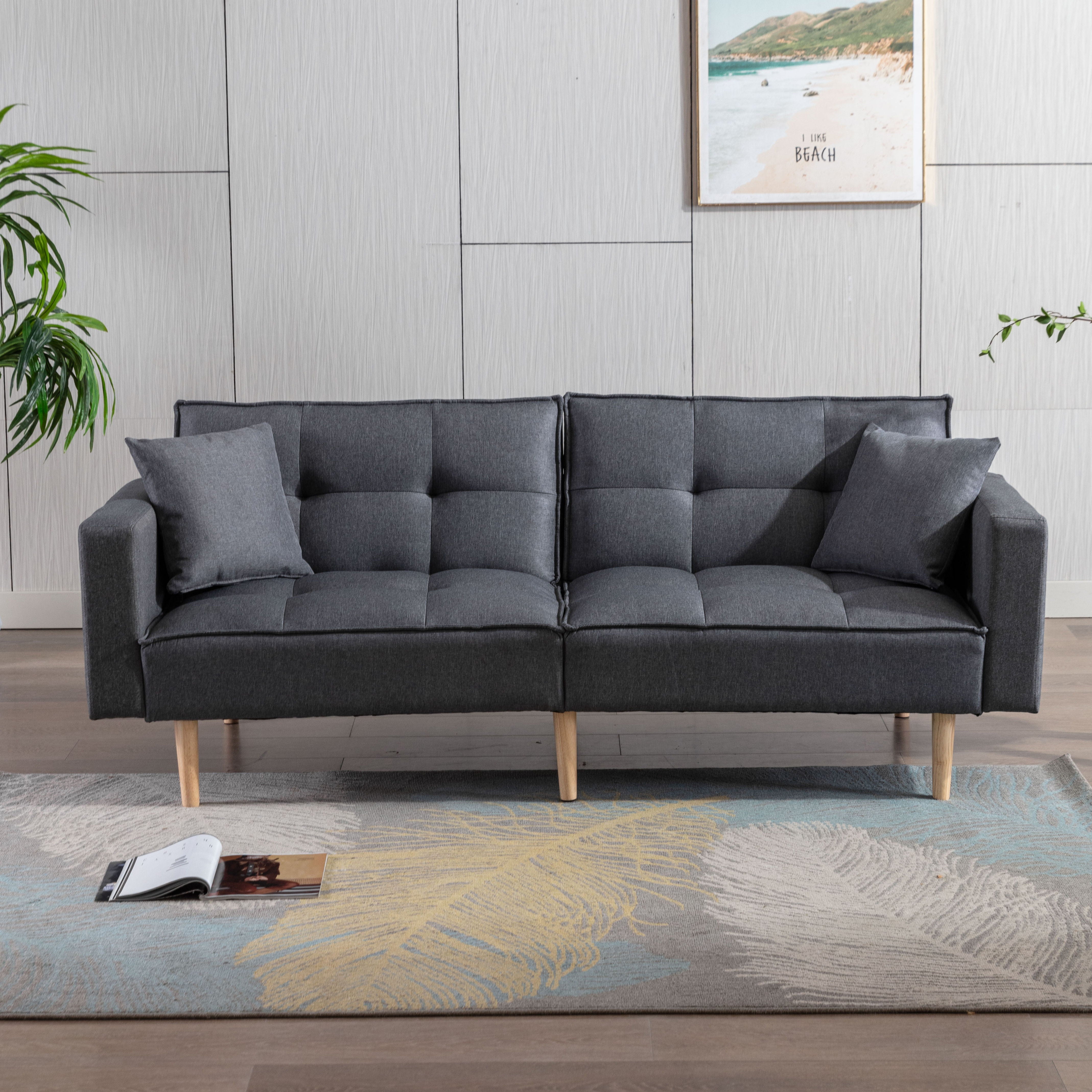 Dongheng Convertible Futon Sofa Bed For Living Room, Linen Sofa With Solid Wooden Legs, Dark Gray