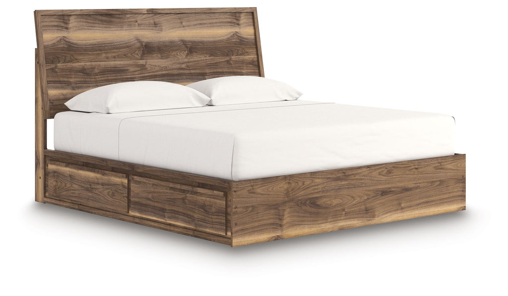 Dark brown wood panel bed with storage drawers, tall headboard, white mattress