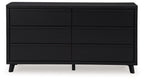 Black six-drawer dresser, front view with six rectangular drawer fronts