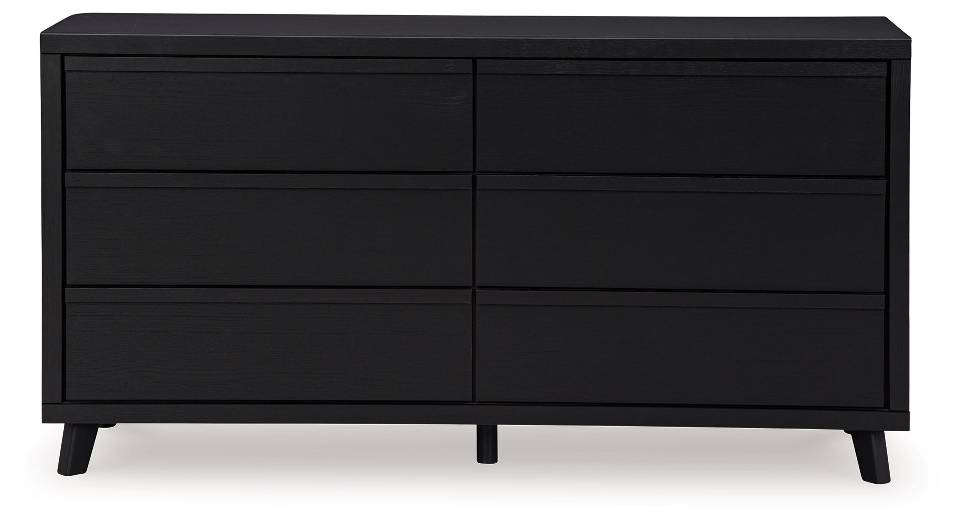 Black six-drawer dresser, front view with six rectangular drawer fronts
