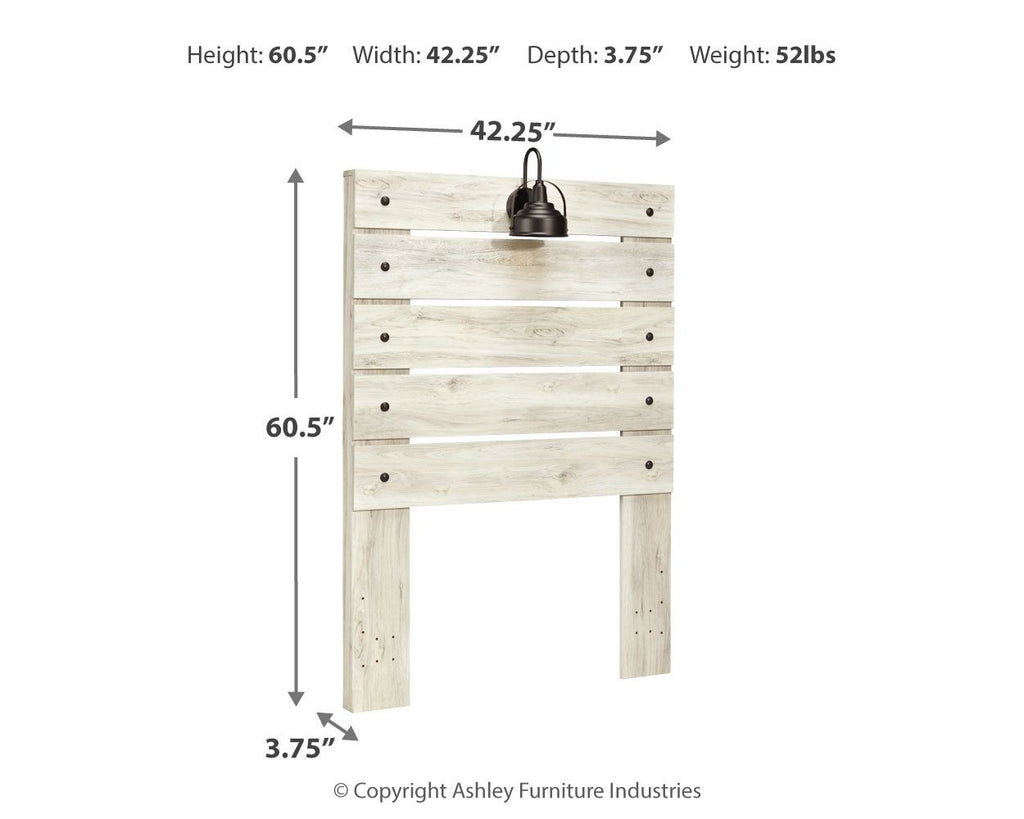 Beige panel headboard front view with height and width diagram