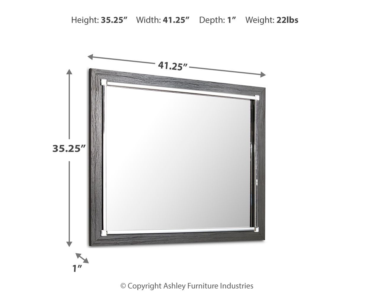 Gray rectangular bedroom mirror, 35.25" high, 41.25" wide