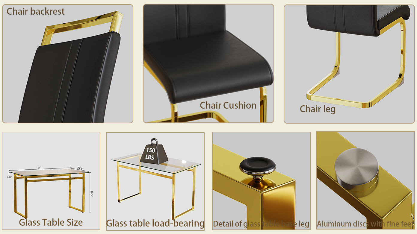 51" Glass Dining Table Set for 4 - Gold Legs