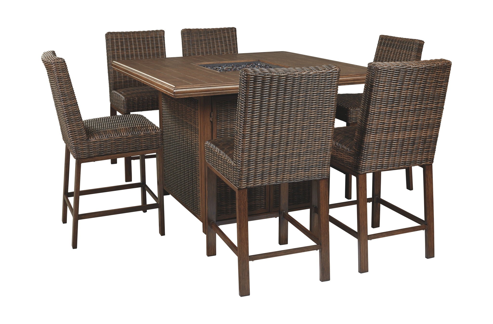 Outdoor fire pit dining set with rectangular table and light brown woven barstools