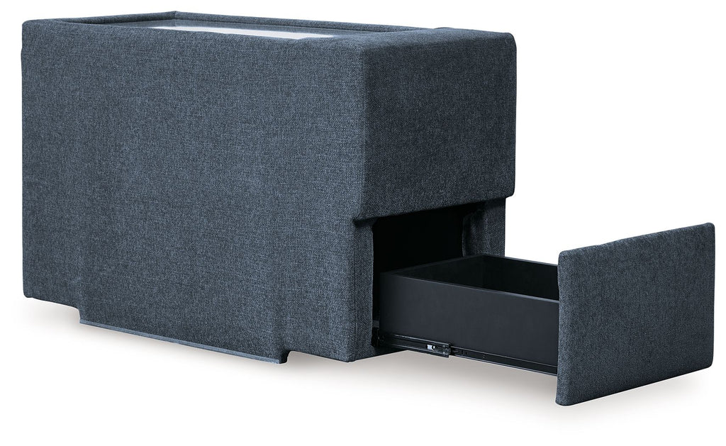 Fabric console with storage, dark blue ink, open compartment with hinged lid