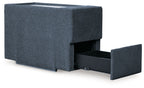 Fabric console with storage, dark blue ink, open compartment with hinged lid
